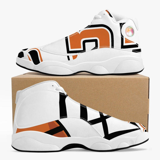 White sole high-top leather basketball designed sneakers